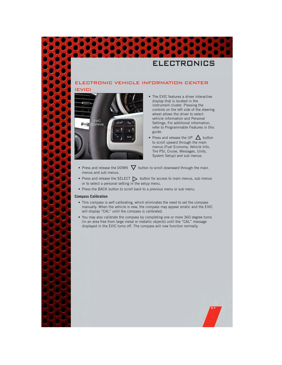 Electronic vehicle information center (evic), Compass calibration, Electronics | Dodge 2011 Journey - User Guide User Manual | Page 59 / 108