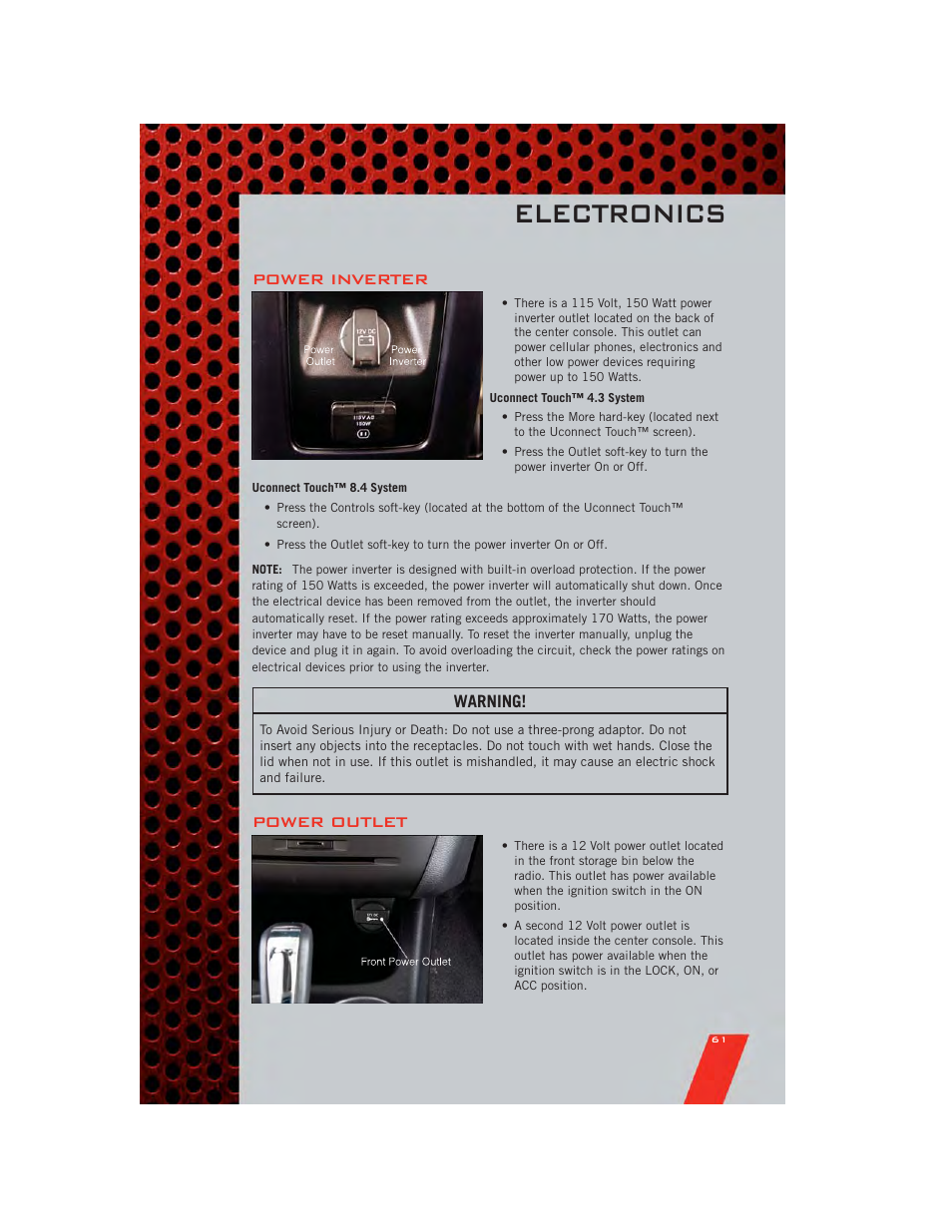 Power inverter, Power outlet, Electronics | Dodge 2011 Journey - User Guide User Manual | Page 63 / 108