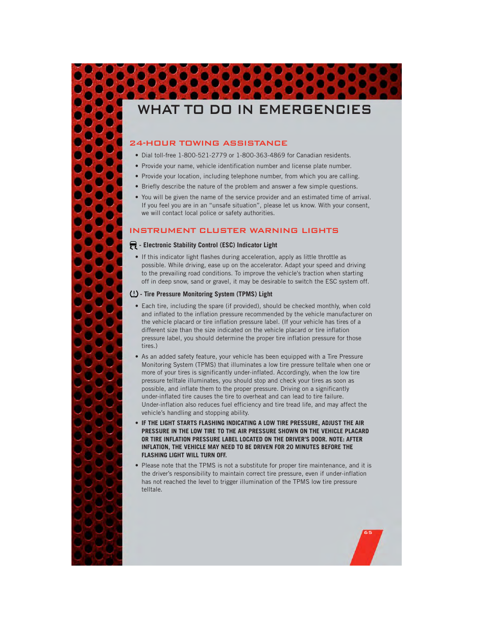 What to do in emergencies, Hour towing assistance, Instrument cluster warning lights | Electronic stability control (esc) indicator light, Tire pressure monitoring system (tpms) light | Dodge 2011 Journey - User Guide User Manual | Page 67 / 108