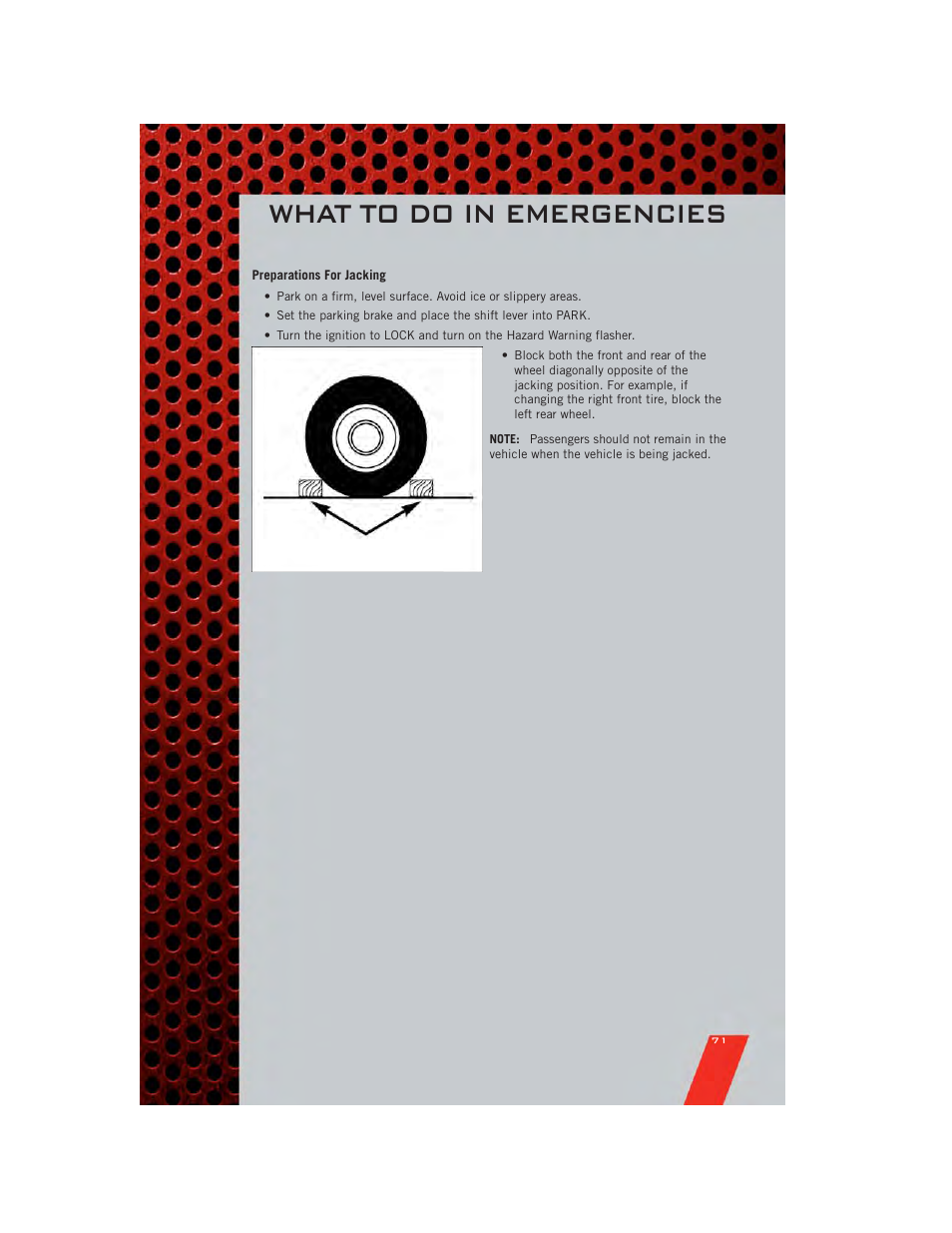 Preparations for jacking, What to do in emergencies | Dodge 2011 Journey - User Guide User Manual | Page 73 / 108