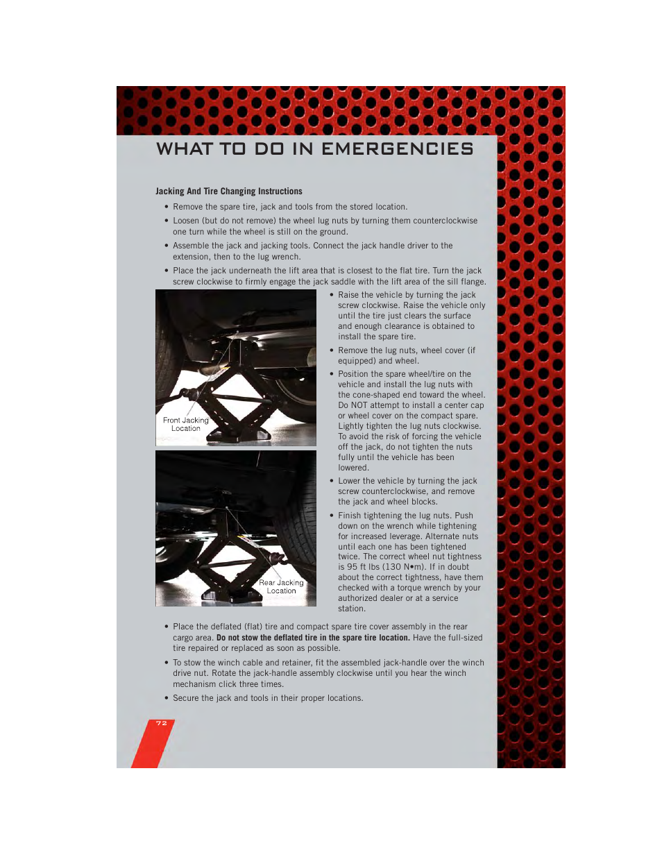 Jacking and tire changing instructions, What to do in emergencies | Dodge 2011 Journey - User Guide User Manual | Page 74 / 108