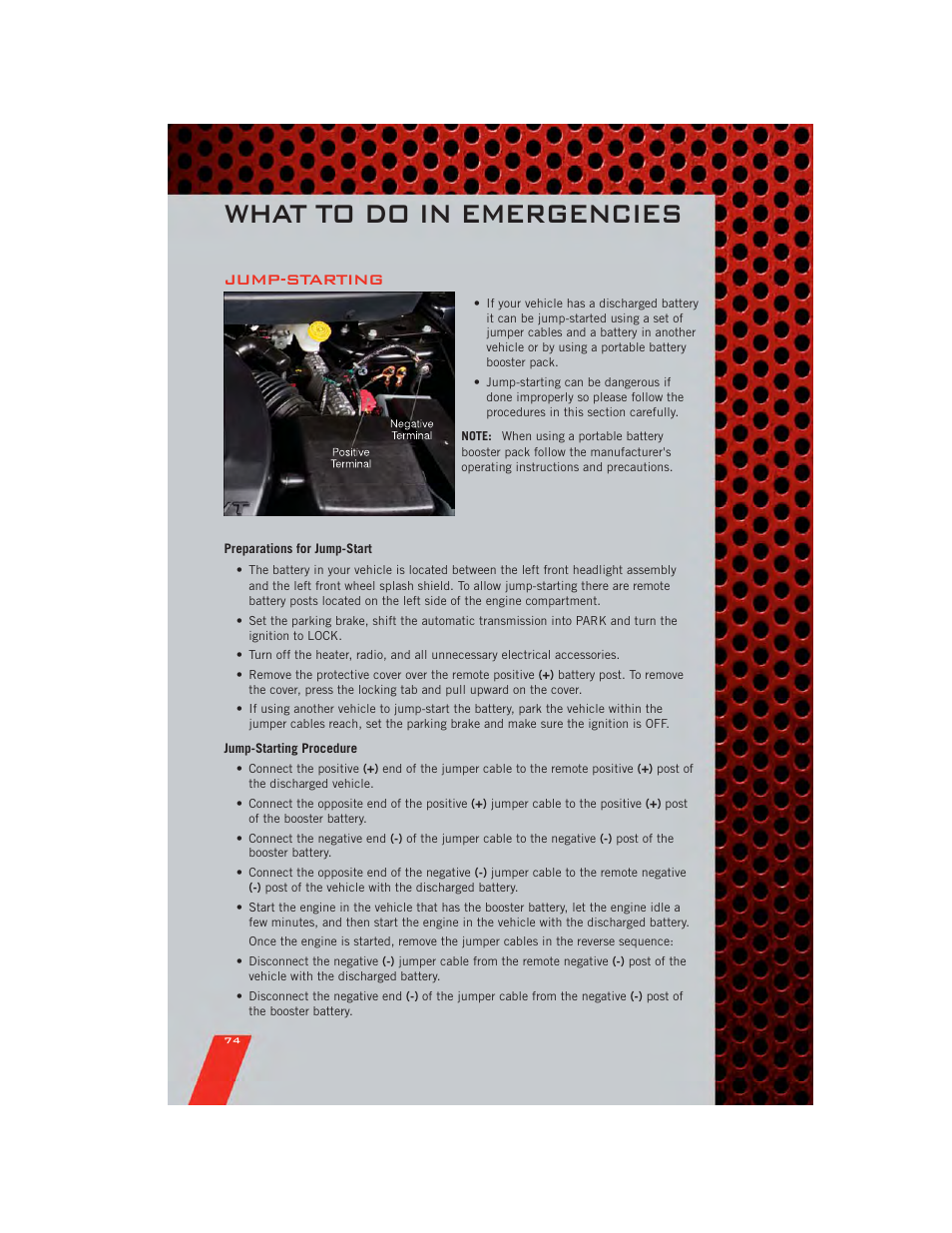 Jump-starting, Preparations for jump-start, Jump-starting procedure | What to do in emergencies | Dodge 2011 Journey - User Guide User Manual | Page 76 / 108