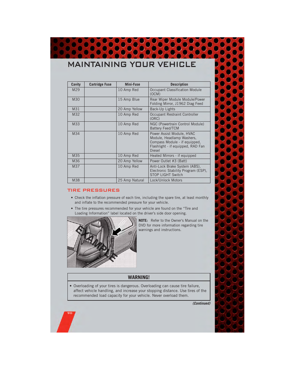 Tire pressures, Maintaining your vehicle, Warning | Dodge 2011 Journey - User Guide User Manual | Page 92 / 108