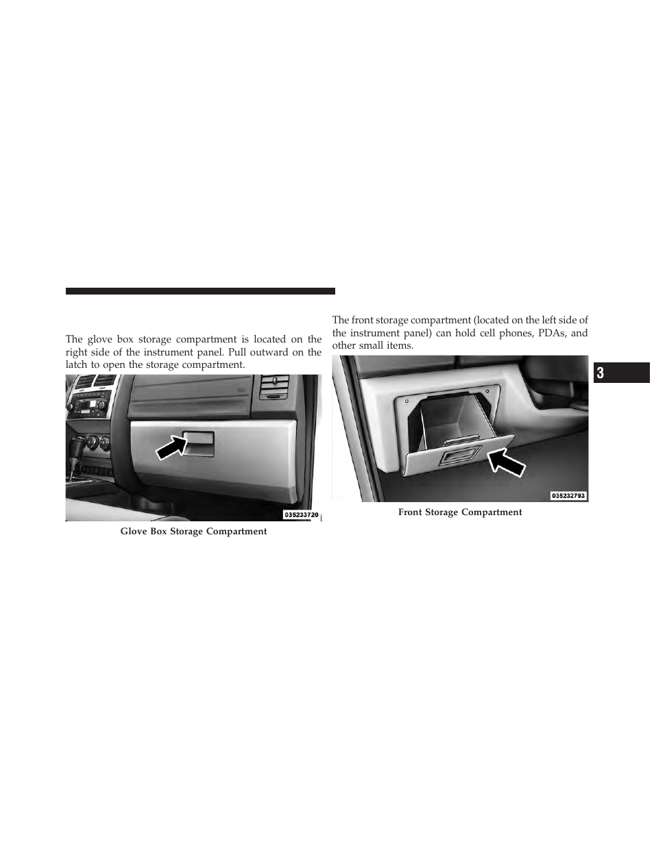 Storage, Glove box storage compartment, Front storage compartment | Dodge 2011 Nitro - Owner Manual User Manual | Page 186 / 497
