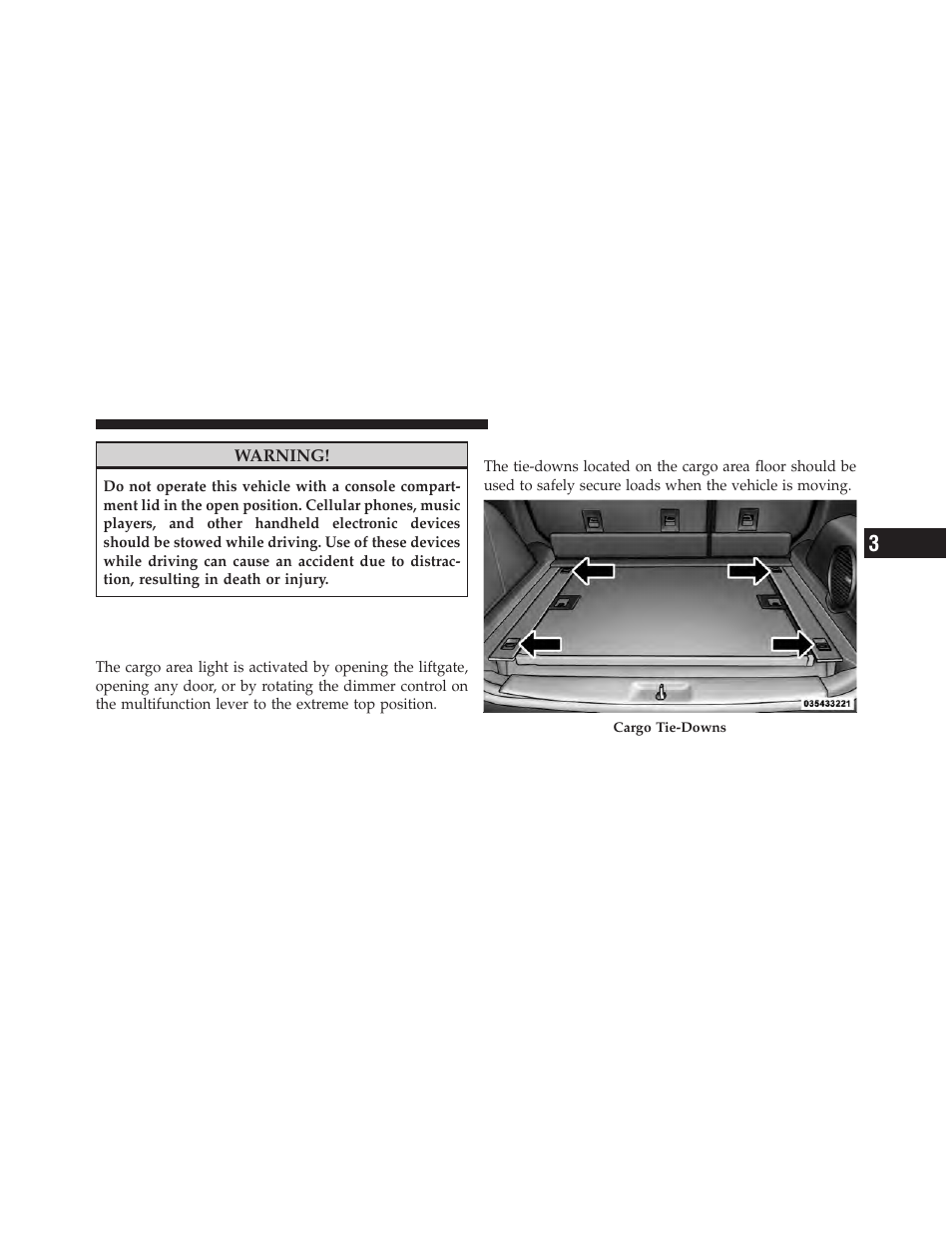 Cargo area features, Cargo light, Cargo tie-down hooks | Dodge 2011 Nitro - Owner Manual User Manual | Page 188 / 497