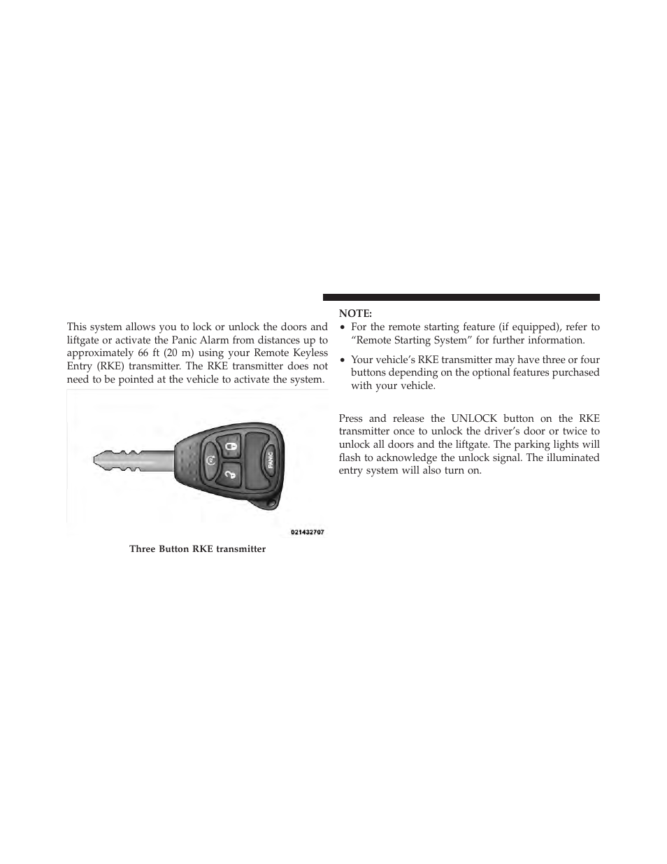 Remote keyless entry (rke), To unlock the doors and liftgate | Dodge 2011 Nitro - Owner Manual User Manual | Page 23 / 497