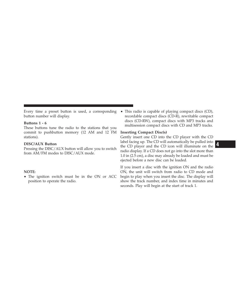 Operation instructions — cd mode for cd, And mp3 audio play | Dodge 2011 Nitro - Owner Manual User Manual | Page 264 / 497