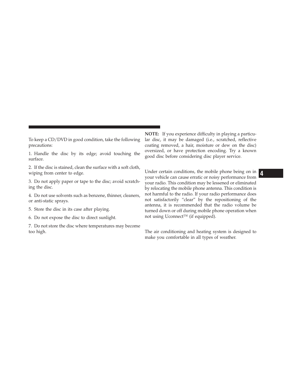 Cd/dvd disc maintenance, Radio operation and mobile phones, Climate controls | Dodge 2011 Nitro - Owner Manual User Manual | Page 276 / 497