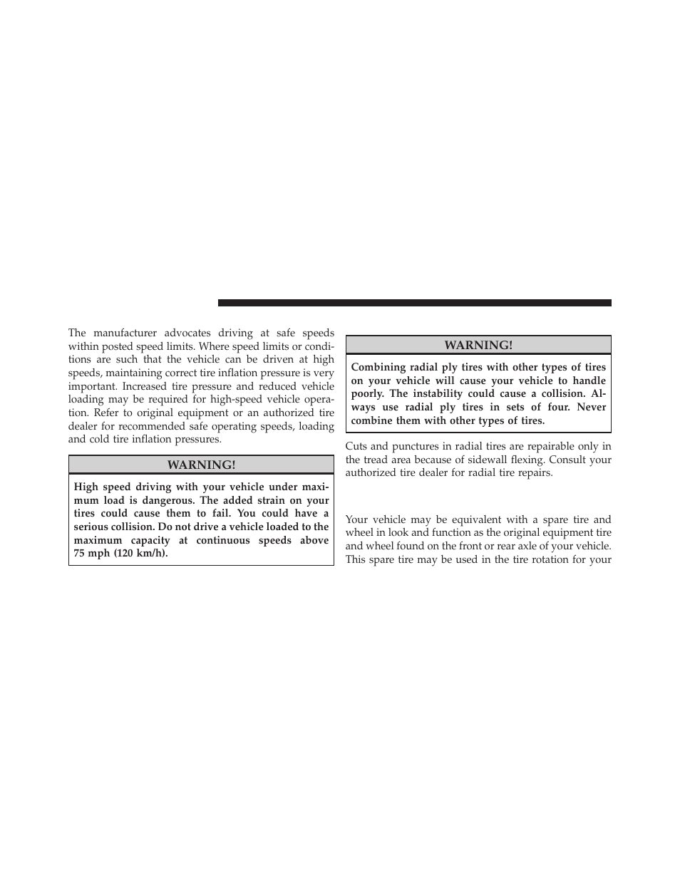 Tire pressures for high speed operation, Radial ply tires, Spare tire matching original equipped tire | And wheel – if equipped | Dodge 2011 Nitro - Owner Manual User Manual | Page 335 / 497