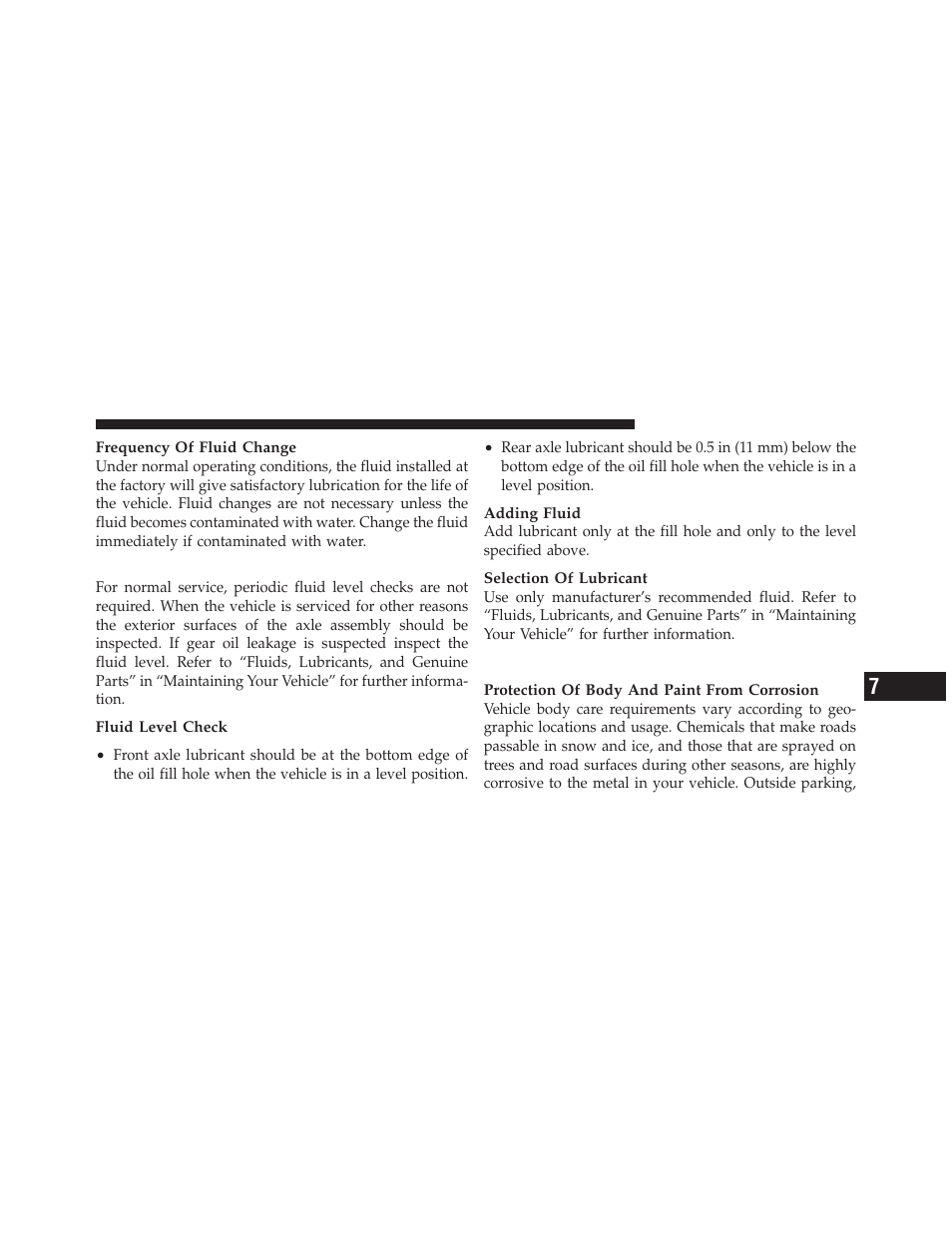 Front/rear axle fluid, Appearance care and protection from corrosion, Appearance care and protection from | Corrosion | Dodge 2011 Nitro - Owner Manual User Manual | Page 430 / 497