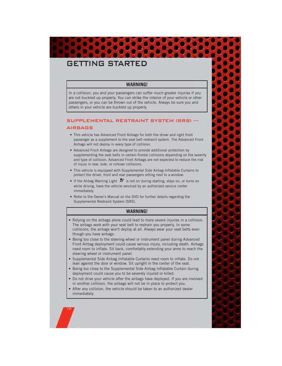 Supplemental restraint system (srs) — airbags, Getting started | Dodge 2011 Nitro - User Guide User Manual | Page 12 / 84