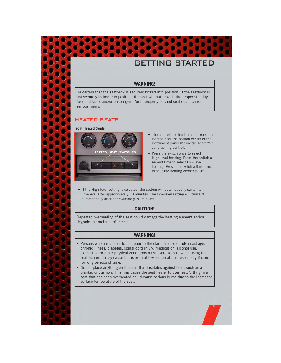 Heated seats, Front heated seats, Getting started | Dodge 2011 Nitro - User Guide User Manual | Page 17 / 84