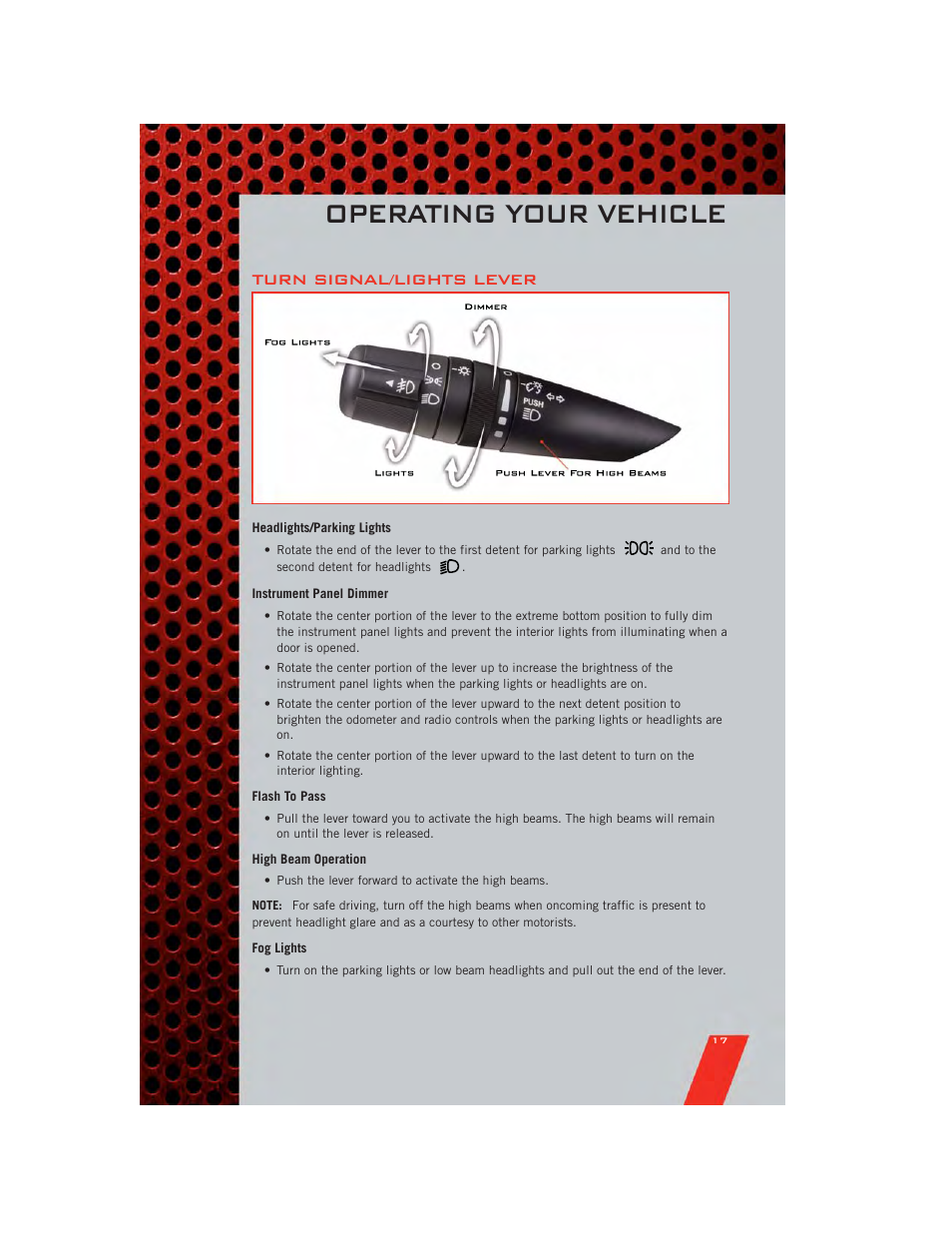 Operating your vehicle, Turn signal/lights lever, Headlights/parking lights | Instrument panel dimmer, Flash to pass, High beam operation, Fog lights | Dodge 2011 Nitro - User Guide User Manual | Page 19 / 84