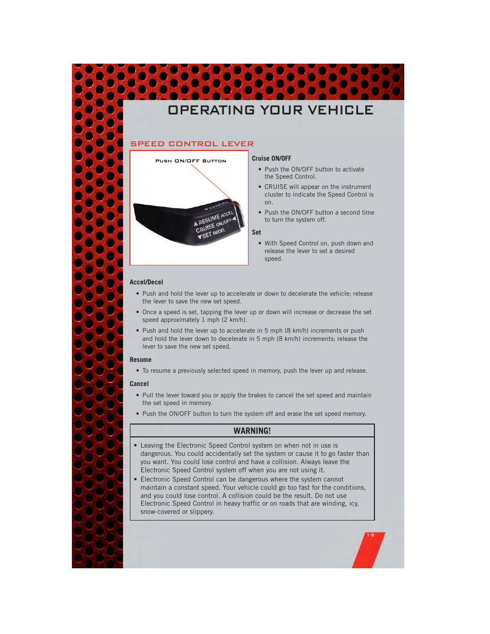 Speed control lever, Cruise on/off, Accel/decel | Resume, Cancel, Operating your vehicle, Warning | Dodge 2011 Nitro - User Guide User Manual | Page 21 / 84