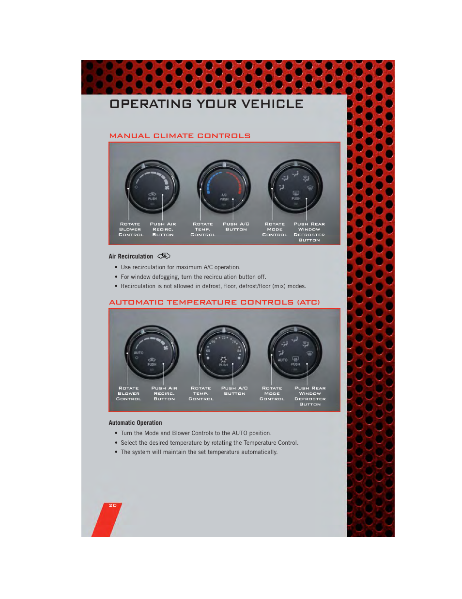 Manual climate controls, Air recirculation, Automatic temperature controls (atc) | Automatic operation, Operating your vehicle | Dodge 2011 Nitro - User Guide User Manual | Page 22 / 84