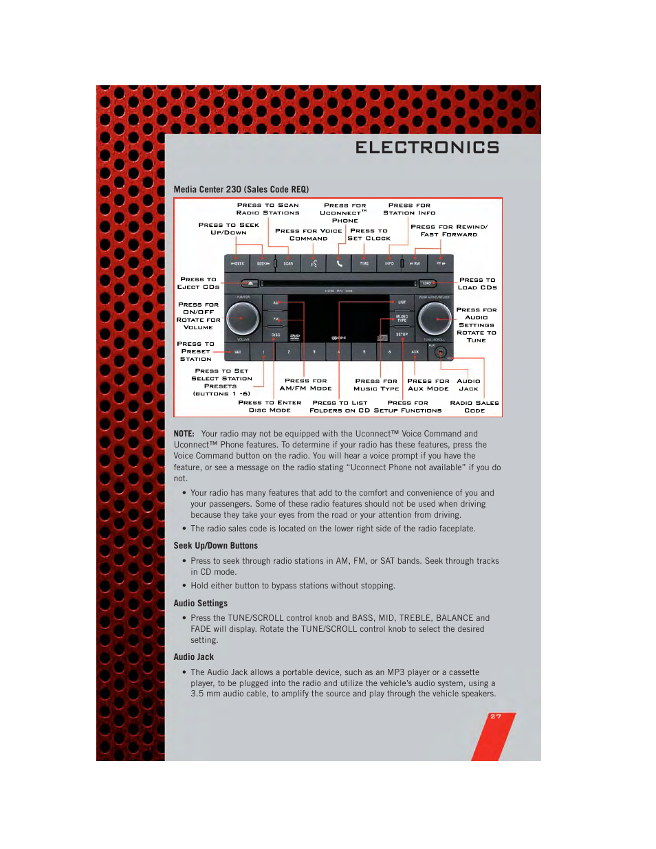 Media center 230 (sales code req), Seek up/down buttons, Audio settings | Audio jack, Electronics | Dodge 2011 Nitro - User Guide User Manual | Page 29 / 84