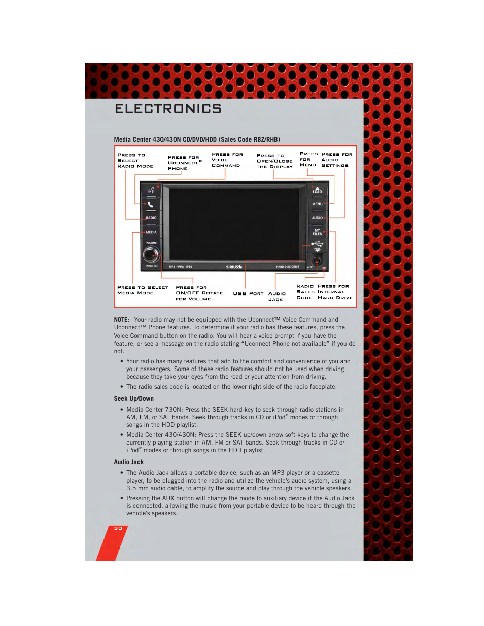 Seek up/down, Audio jack, Electronics | Dodge 2011 Nitro - User Guide User Manual | Page 32 / 84