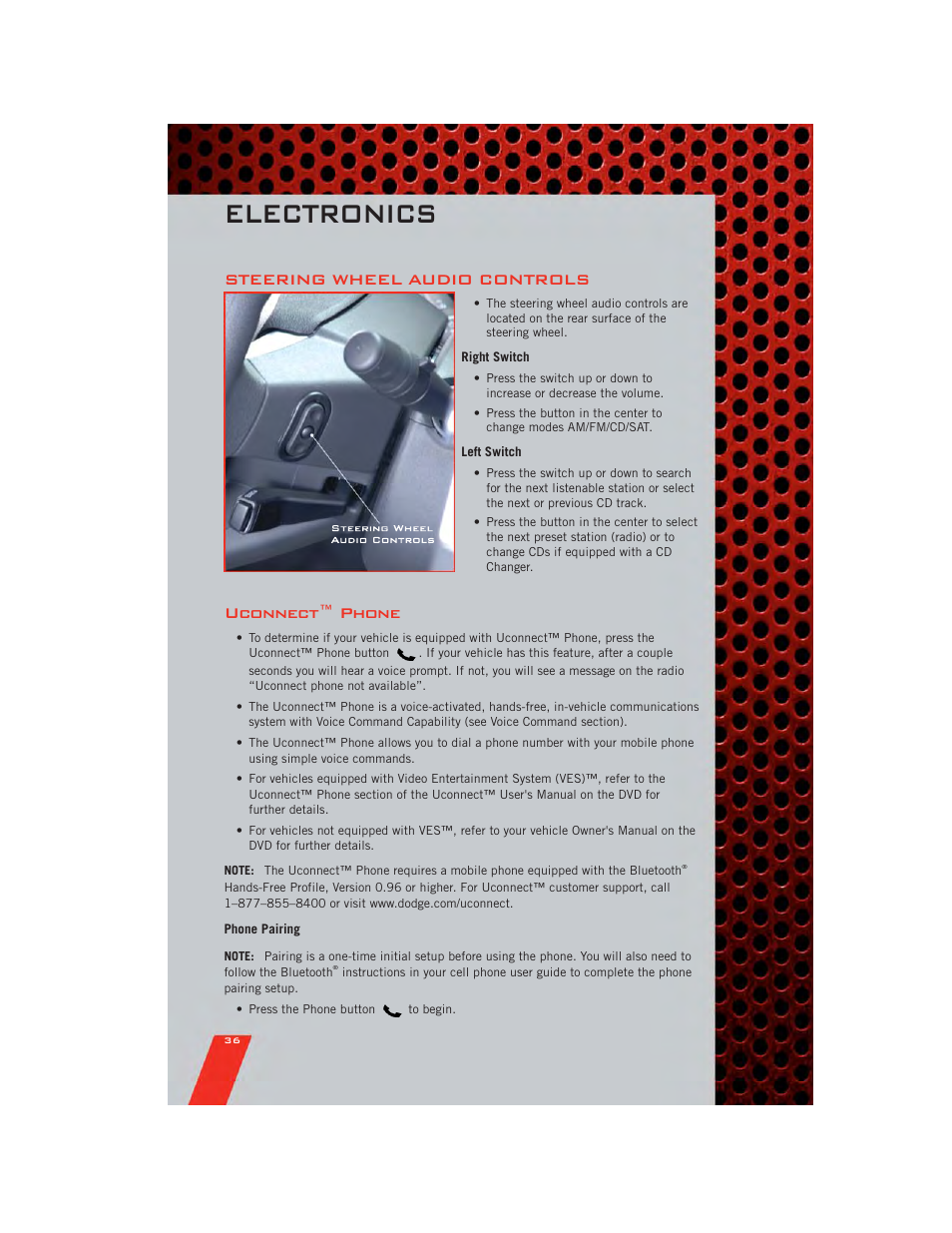 Steering wheel audio controls, Right switch, Left switch | Uconnect™ phone, Phone pairing, Electronics | Dodge 2011 Nitro - User Guide User Manual | Page 38 / 84