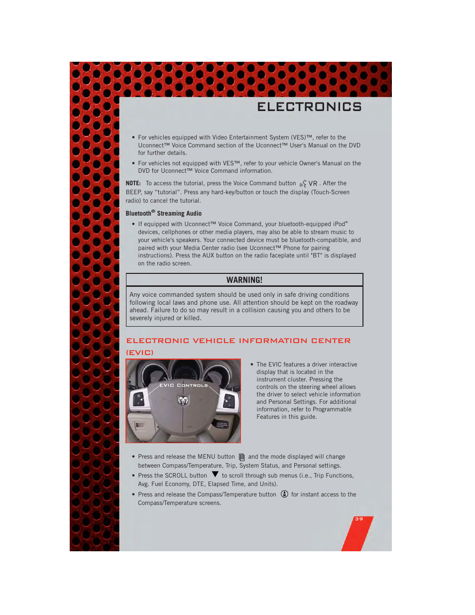 Bluetooth® streaming audio, Electronic vehicle information center (evic), Electronics | Warning | Dodge 2011 Nitro - User Guide User Manual | Page 41 / 84