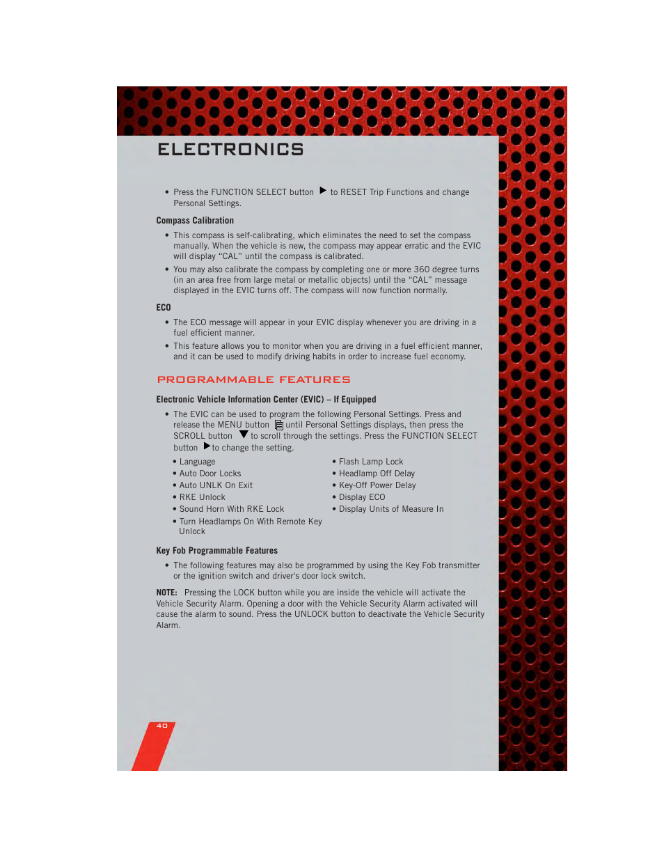 Compass calibration, Programmable features, Key fob programmable features | Electronics | Dodge 2011 Nitro - User Guide User Manual | Page 42 / 84