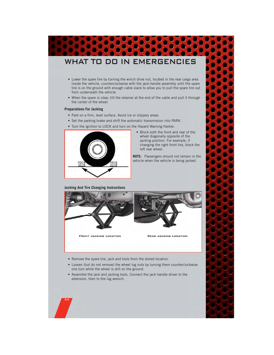 Preparations for jacking, Jacking and tire changing instructions, What to do in emergencies | Dodge 2011 Nitro - User Guide User Manual | Page 56 / 84