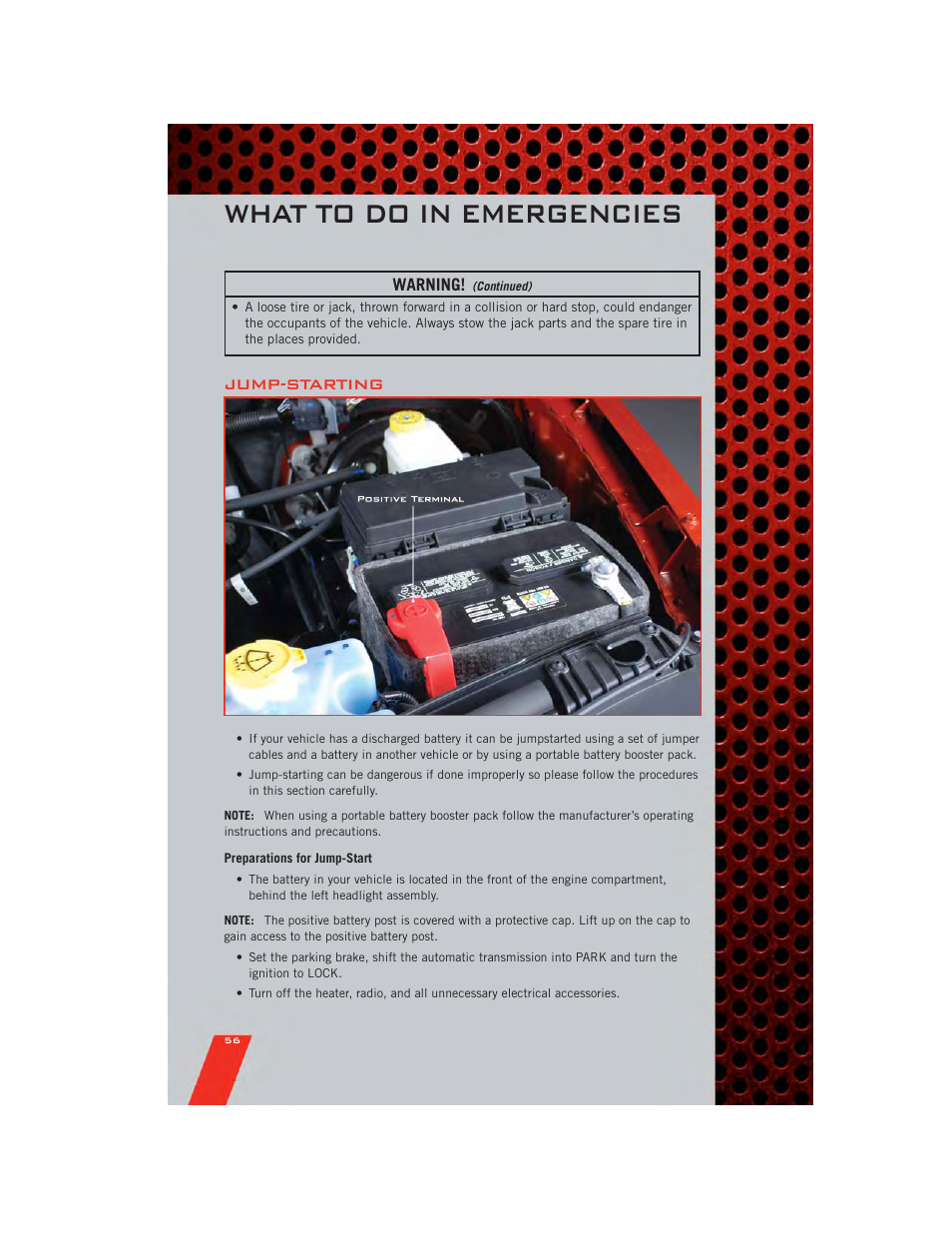 Jump-starting, Preparations for jump-start, What to do in emergencies | Dodge 2011 Nitro - User Guide User Manual | Page 58 / 84