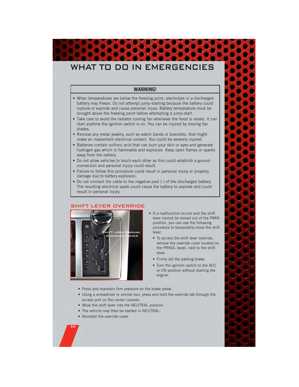 Shift lever override, What to do in emergencies, Warning | Dodge 2011 Nitro - User Guide User Manual | Page 60 / 84