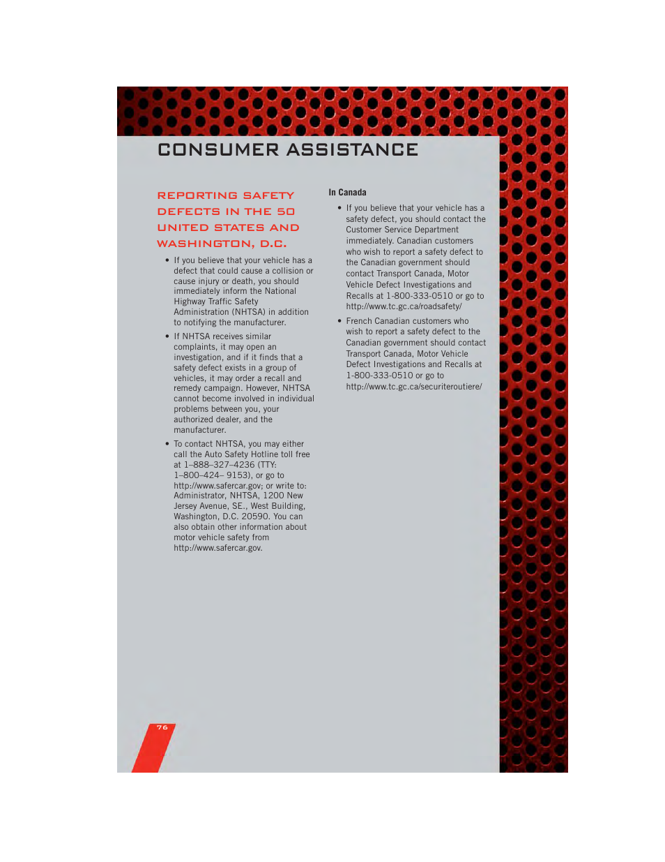 In canada, Consumer assistance | Dodge 2011 Nitro - User Guide User Manual | Page 78 / 84