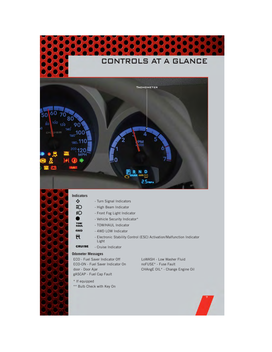 Indicators, Odometer messages, Controls at a glance | Dodge 2011 Nitro - User Guide User Manual | Page 9 / 84