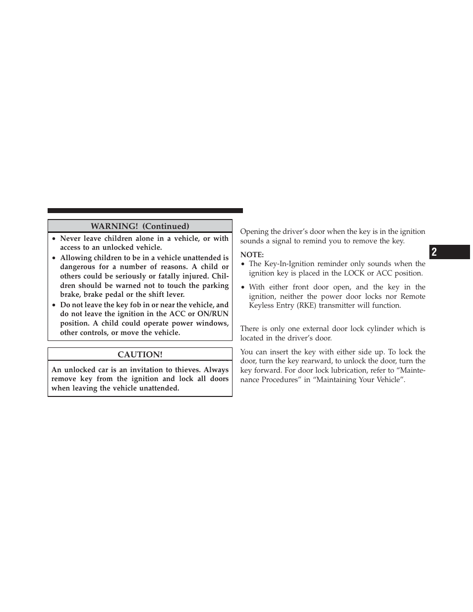 Key-in-ignition reminder, Locking doors with a key | Dodge 2012 Avenger - Owner Manual User Manual | Page 17 / 514