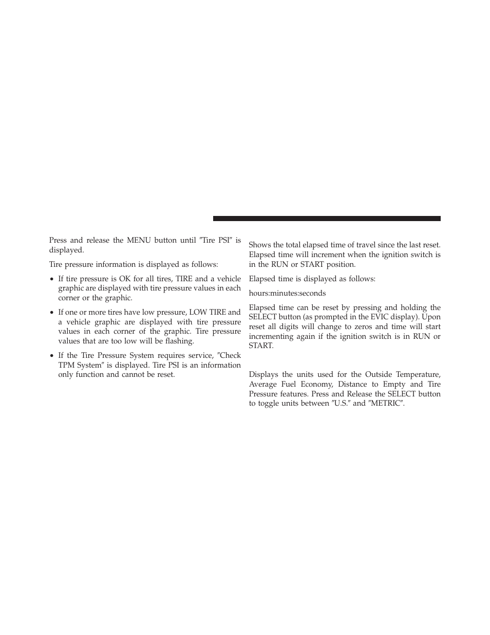 Tire psi, Elapsed time, Evic units selection (units in display) | Dodge 2012 Avenger - Owner Manual User Manual | Page 222 / 514