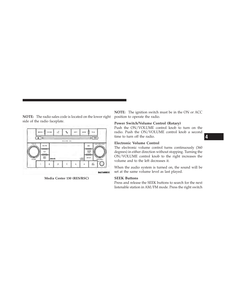 Operating instructions — radio mode, Media center 130 with satellite radio, Sales code res+rsc) | Dodge 2012 Avenger - Owner Manual User Manual | Page 255 / 514