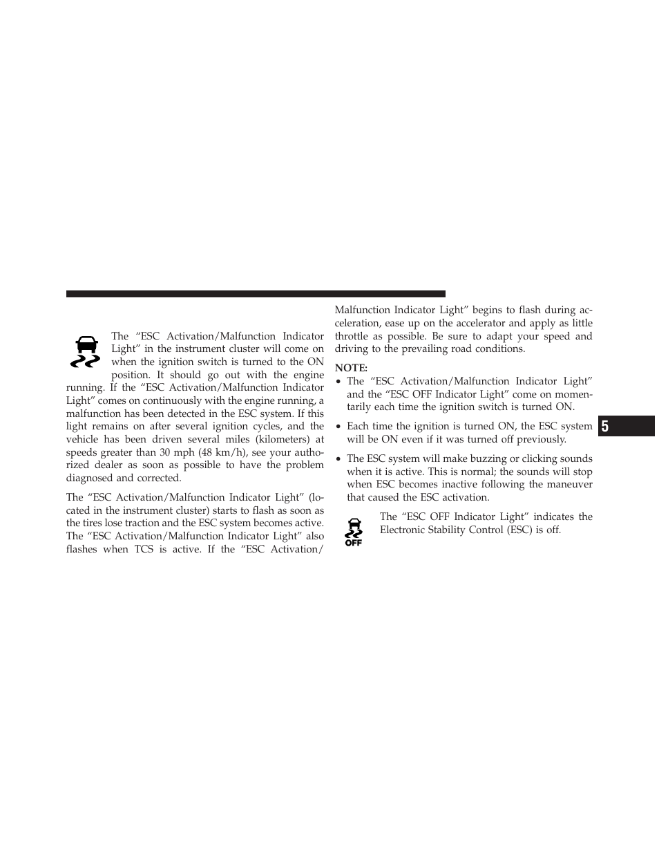 Esc activation/malfunction indicator light, And esc off indicator light | Dodge 2012 Avenger - Owner Manual User Manual | Page 337 / 514