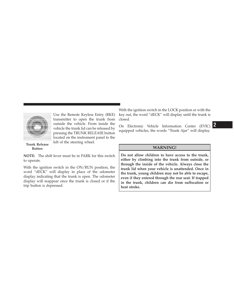 Trunk release, Trunk safety warning | Dodge 2012 Avenger - Owner Manual User Manual | Page 41 / 514