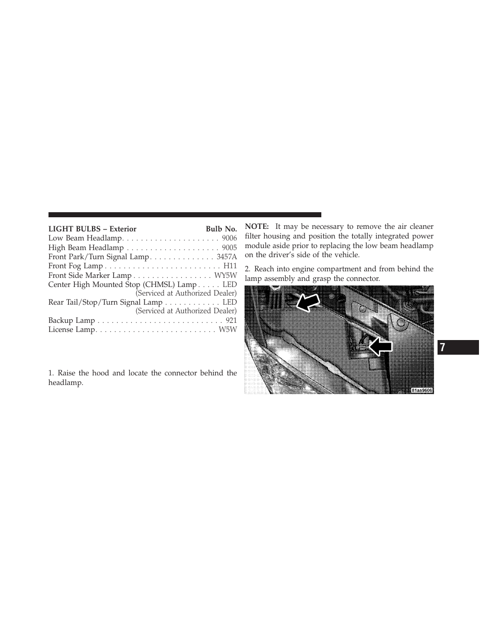 Bulb replacement, Headlamp | Dodge 2012 Avenger - Owner Manual User Manual | Page 461 / 514