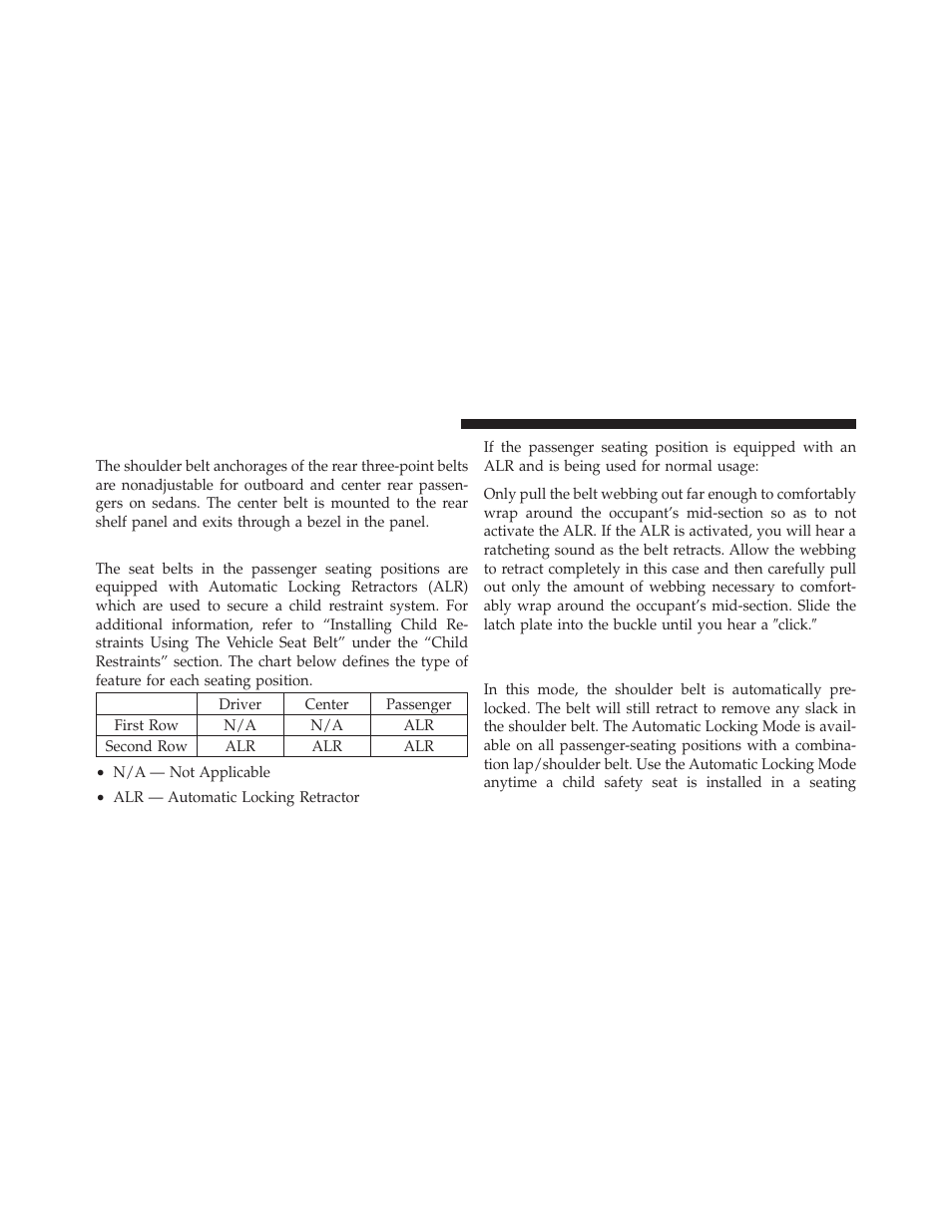 Rear seat belts, Seat belts in passenger seating positions, Automatic locking retractor mode (alr) | If equipped | Dodge 2012 Avenger - Owner Manual User Manual | Page 52 / 514