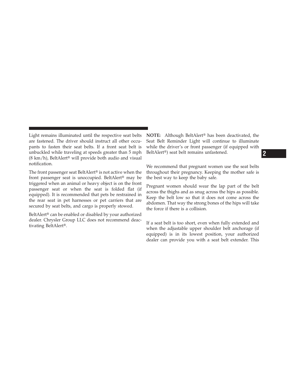 Seat belts and pregnant women, Seat belt extender | Dodge 2012 Avenger - Owner Manual User Manual | Page 59 / 514