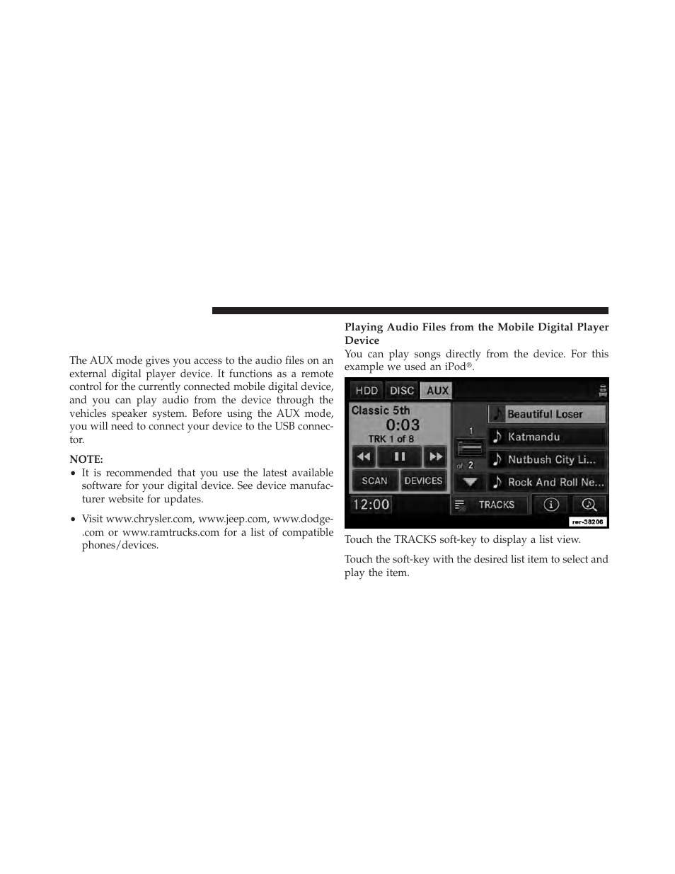 Uconnect™ multimedia (remote devices), Aux mode (if equipped) | Ram Trucks MEDIA CENTER 730N for Jeep User Manual | Page 106 / 216