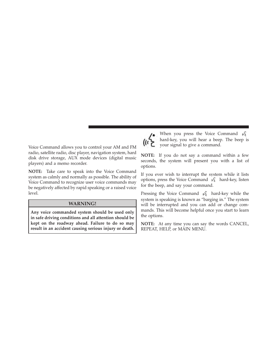 Voice command, Voice command operation | Ram Trucks MEDIA CENTER 730N for Jeep User Manual | Page 124 / 216