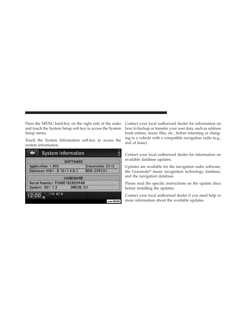 System information, User data backup, Database updates | Ram Trucks MEDIA CENTER 730N for Jeep User Manual | Page 211 / 216