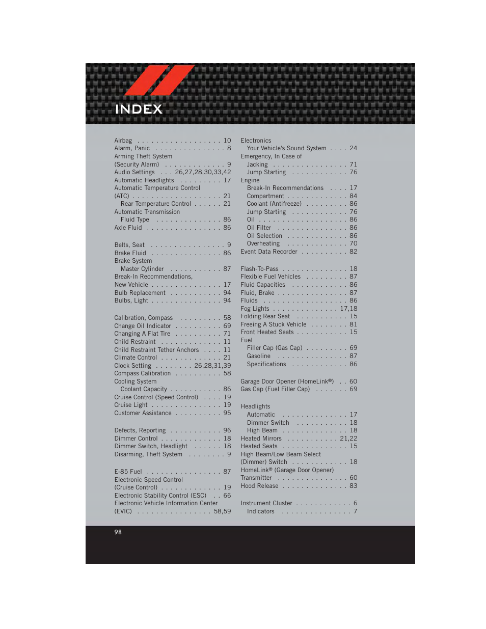 Index | Dodge 2012 Avenger - User Guide User Manual | Page 100 / 108