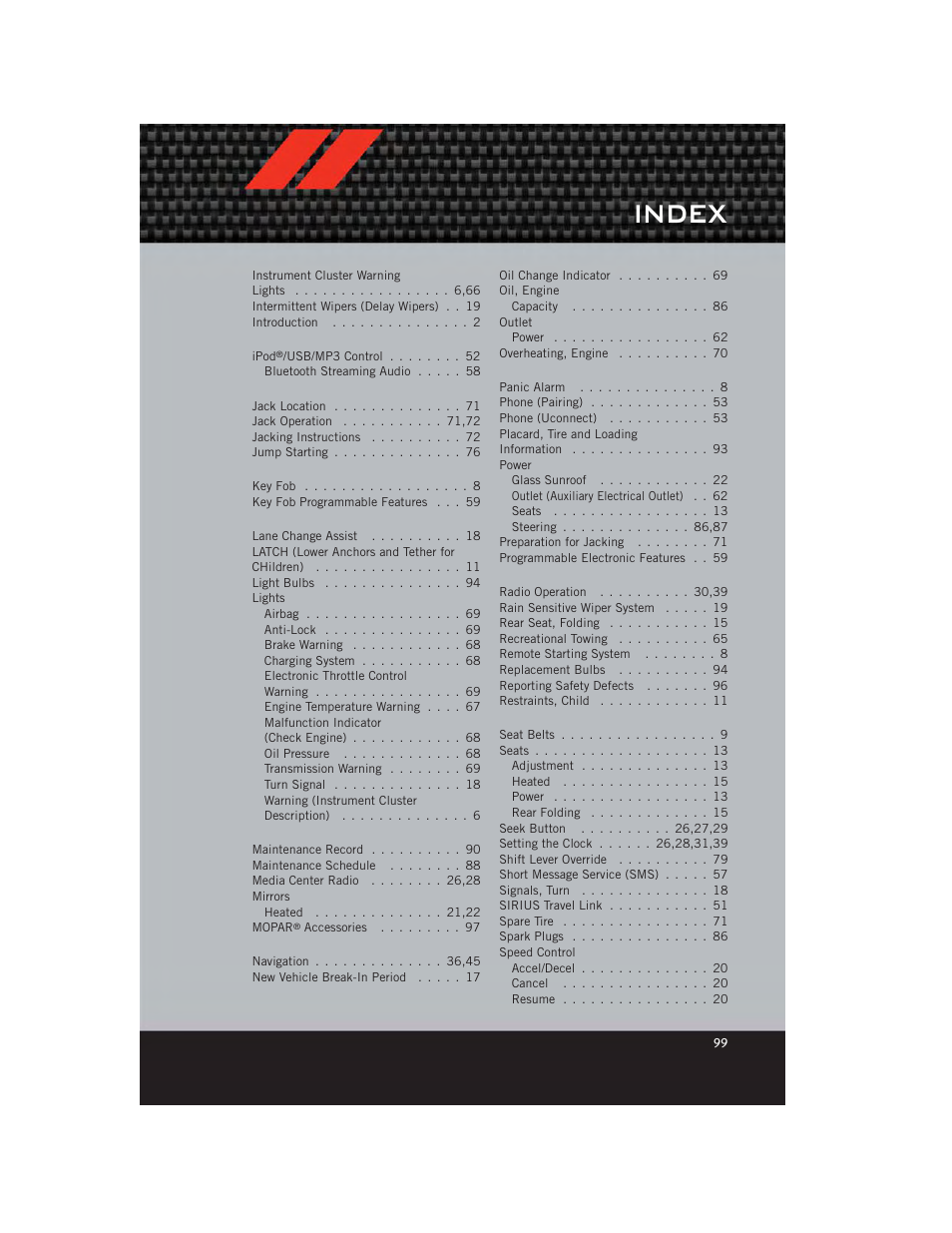 Index | Dodge 2012 Avenger - User Guide User Manual | Page 101 / 108