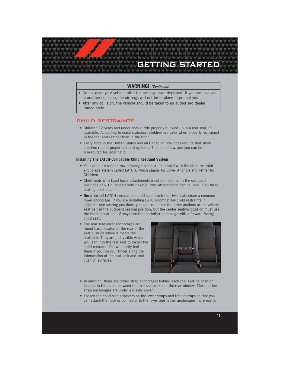 Child restraints, Getting started | Dodge 2012 Avenger - User Guide User Manual | Page 13 / 108