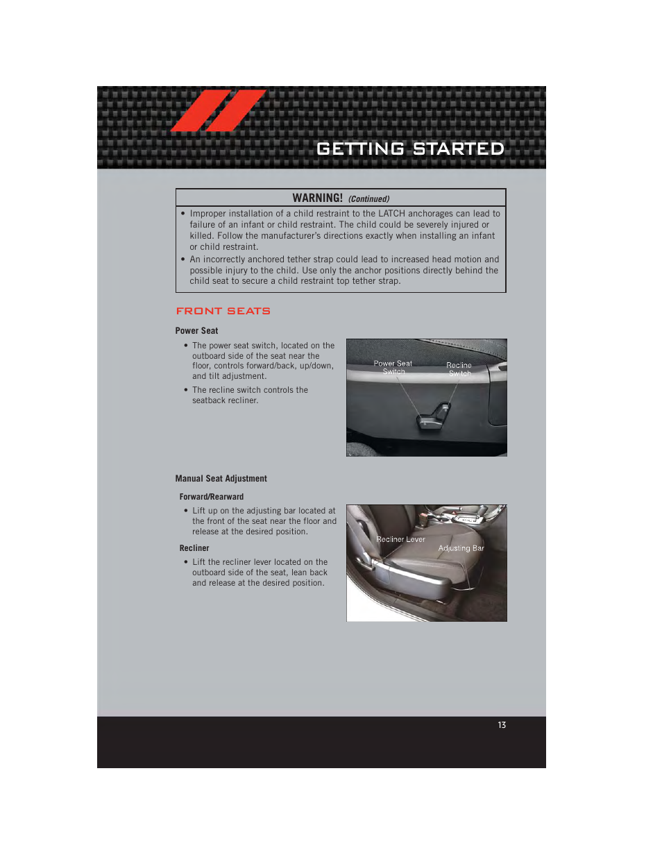 Front seats, Power seat, Manual seat adjustment | Getting started | Dodge 2012 Avenger - User Guide User Manual | Page 15 / 108