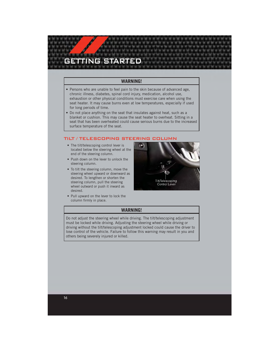 Tilt / telescoping steering column, Getting started | Dodge 2012 Avenger - User Guide User Manual | Page 18 / 108