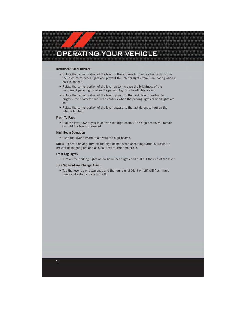 Instrument panel dimmer, Flash to pass, High beam operation | Front fog lights, Turn signals/lane change assist, Operating your vehicle | Dodge 2012 Avenger - User Guide User Manual | Page 20 / 108