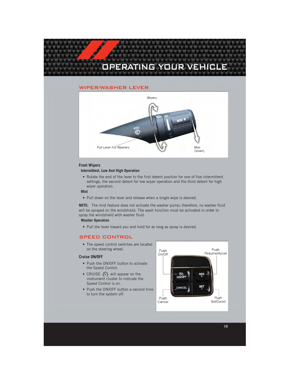 Wiper/washer lever, Front wipers, Speed control | Cruise on/off, Operating your vehicle | Dodge 2012 Avenger - User Guide User Manual | Page 21 / 108