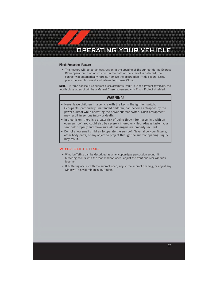 Pinch protection feature, Wind buffeting, Operating your vehicle | Dodge 2012 Avenger - User Guide User Manual | Page 25 / 108