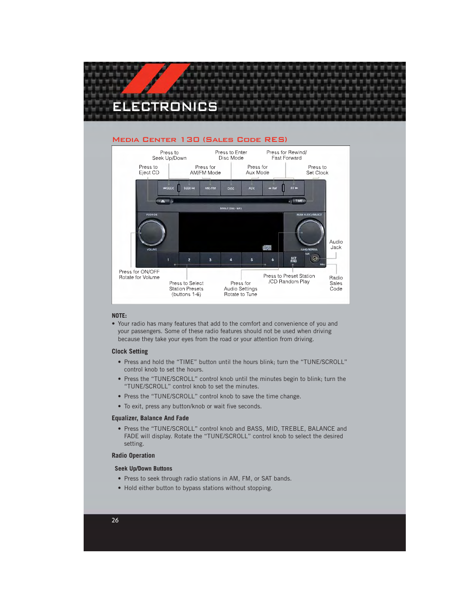 Media center 130 (sales code res), Clock setting, Equalizer, balance and fade | Radio operation, Electronics | Dodge 2012 Avenger - User Guide User Manual | Page 28 / 108