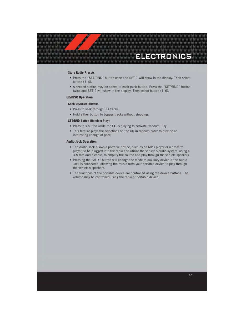 Cd/disc operation, Audio jack operation, Electronics | Dodge 2012 Avenger - User Guide User Manual | Page 29 / 108